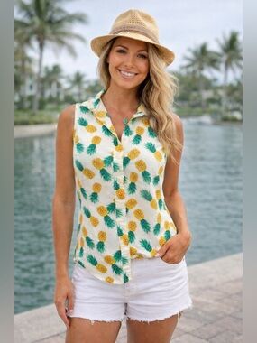 NWT | J. Crew | Pineapple Print Sleeveless Button Down Collared Top - Size S